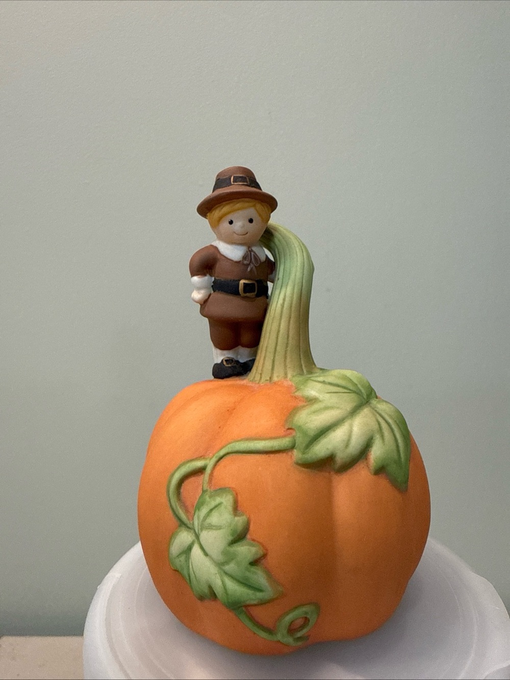 Pumpkin Ceramic Bell Figurine By Avon Pilgrim Boy 5"T X 2 1/2"W